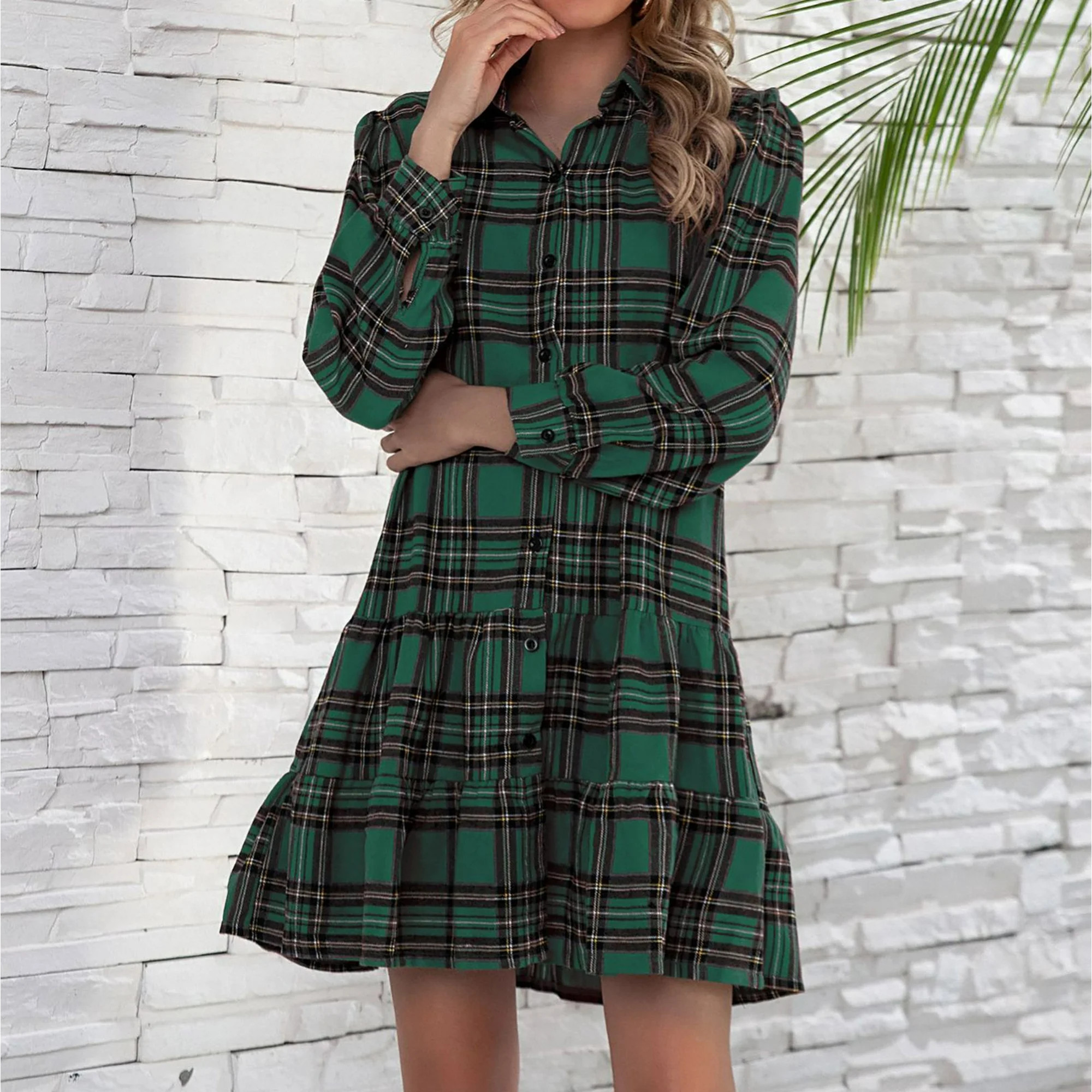 Dresses Clearance Ladies Plaid Single Breasted Pocket Long Sleeve Shirt Jacket Dress Green M Y0Y | Walmart (US)