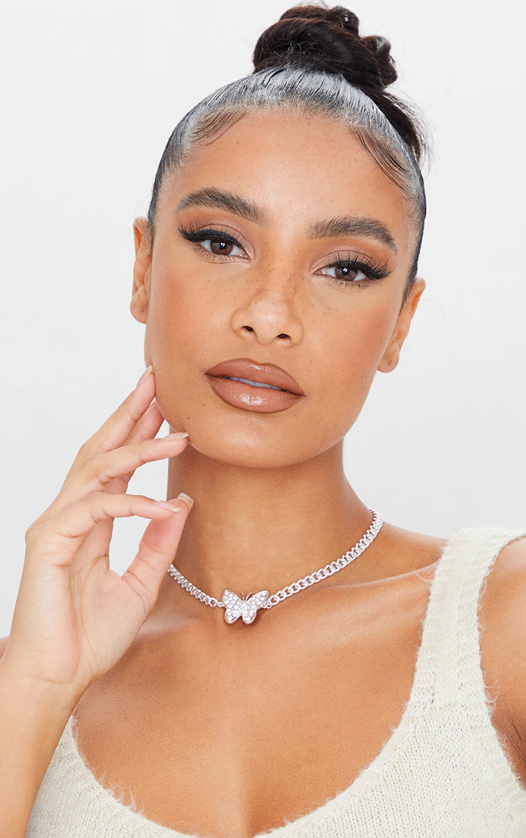 Silver Chain Silver Diamante Butterfly Necklace | PrettyLittleThing US