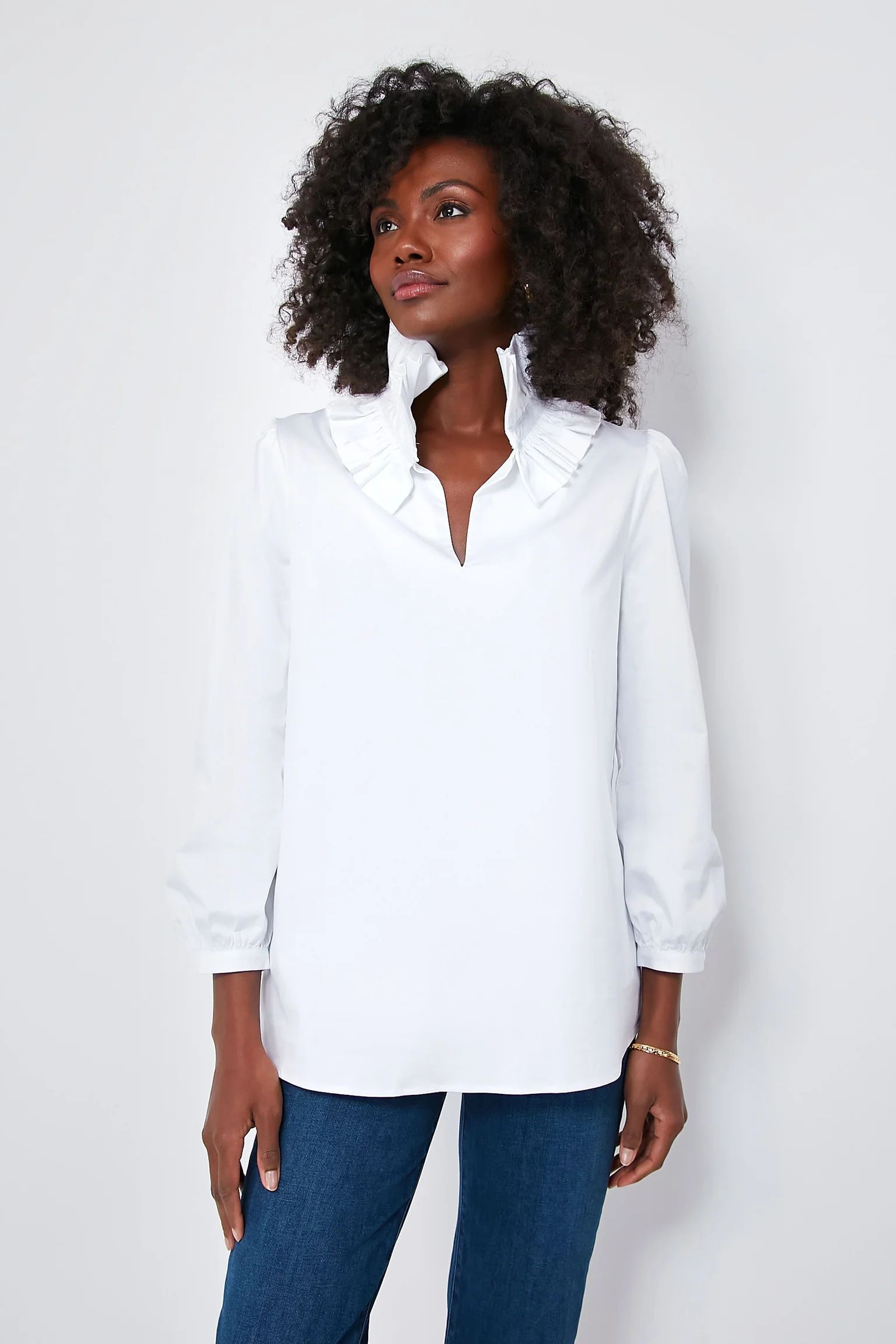 White Stretch Poplin Ruffle Neck Bouvier Blouse | Tuckernuck (US)