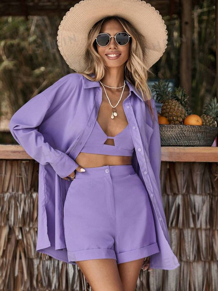 SHEIN VCAY Solid Cami Top & Shorts & Drop Shoulder Blouse | SHEIN