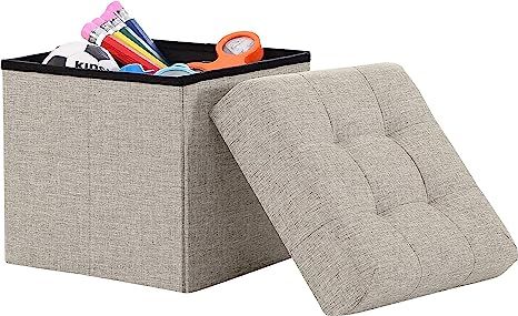 Ornavo Home Foldable Tufted Linen Storage Ottoman Square Cube Foot Rest Stool/Seat - 15" x 15" x ... | Amazon (US)