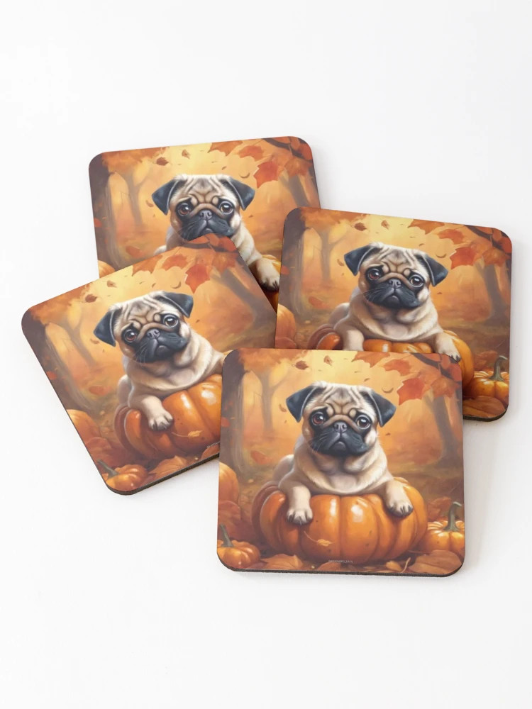 Fawn Fall Pug Coasters (Set of 4) | Redbubble (US)