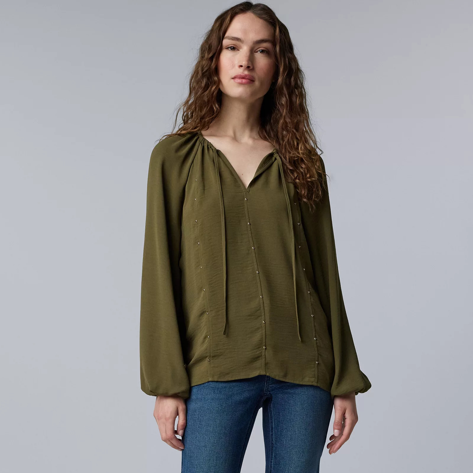 Women's Simply Vera Vera Wang Studded Shirred Blouse, Size: Large, Finnegan Green | Kohl's