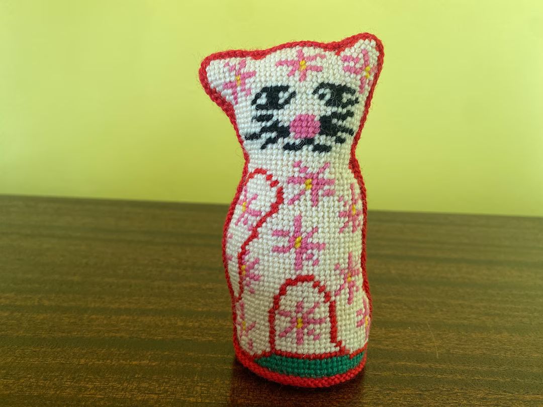 Pink White Cat Finished Needlepoint Stans Up Figure | Etsy (US)