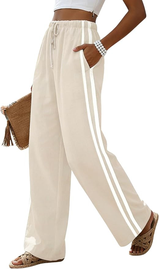 Womens Linen Palazzo Pants High Waist Wide Leg Side Stripes Flowy Casual Beach Trousers with Pock... | Amazon (US)