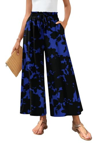 Bestbee Womens Palazzo Pants Dressy Casual Wide Leg Gaucho Pant Business Flowy Slacks Elastic Waist with Pockets, L, Blue Flower | Amazon (US)