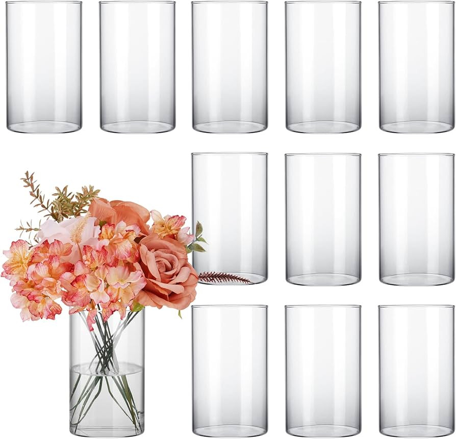 CUCUMI 12pcs Glass Cylinder Vases for Centerpieces, Wedding Decorations, 6 Inch Tall Glass Hurric... | Amazon (US)