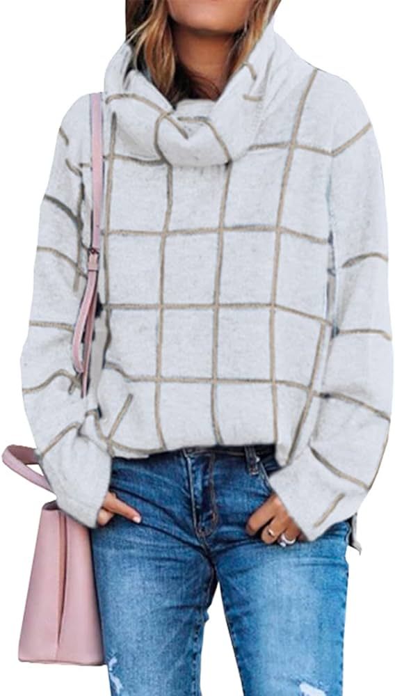 Amazon.com: KIRUNDO 2022 Fall Winter Women's Turtleneck Knit Sweater Long Sleeves Pullover Plaid ... | Amazon (US)