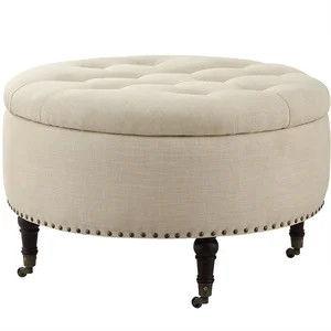 Landon Round Ottoman Beige Linen Hidden Storage Button Tufted | Cymax