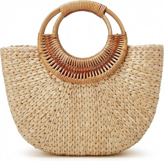 Pronoia Natural Handmade woven Straw Tote Bag, Round Rattan Top Handle Mini Moon Shaped Hobo Bag ... | Amazon (US)