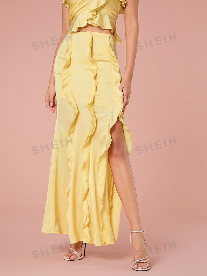 Enchnt Women's Solid Color Splicing Mushroom Hem Side Slit Maxi Elegant Skirt | SHEIN | SHEIN