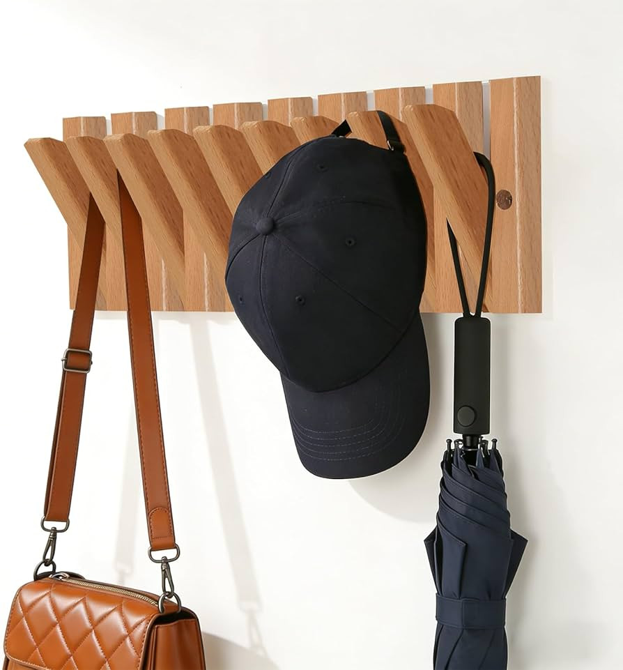 Wall Mounted Coat Rack with 9 Retractable Hooks, Wooden Modern Space-Saving Piano Hanger for Jack... | Amazon (US)