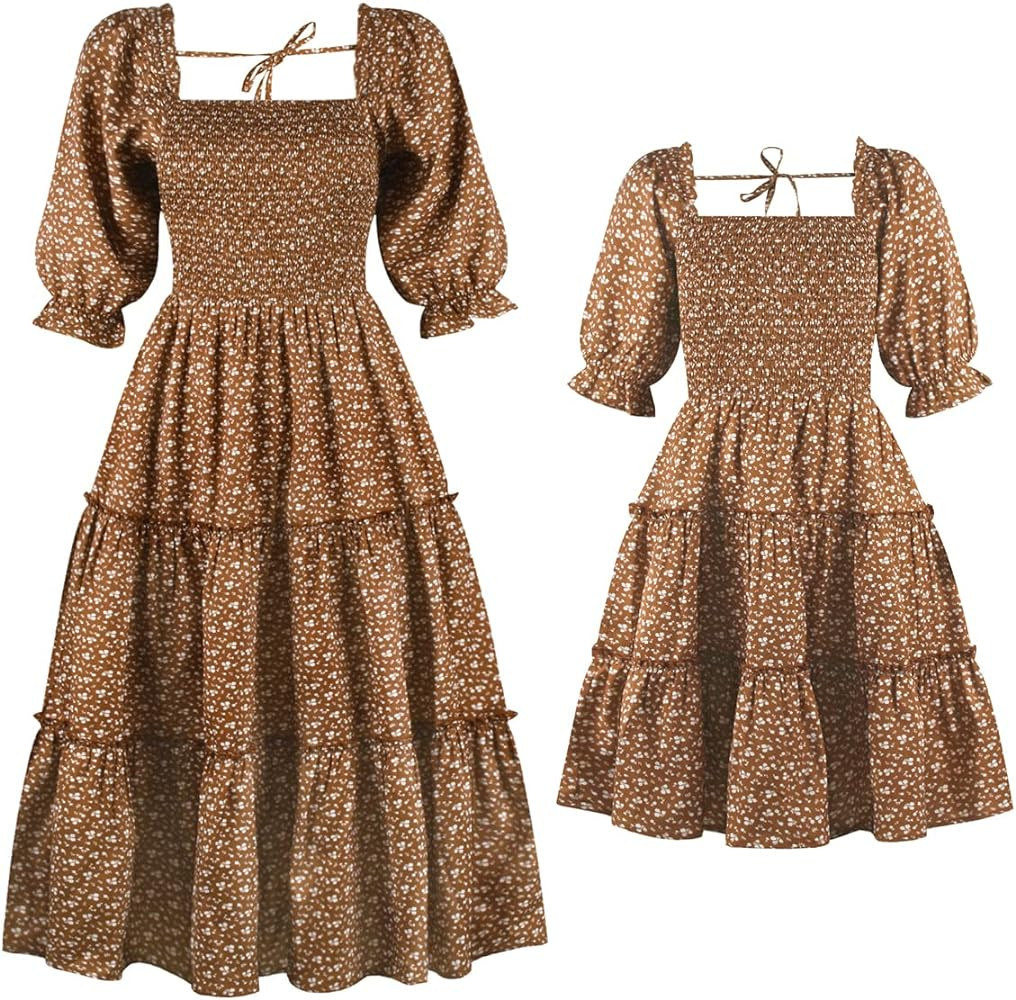 Mommy and Me Matching Dresses Floral Printed Ruffled Lantern Sleeves A-Line Long Dress Mom Daught... | Amazon (US)