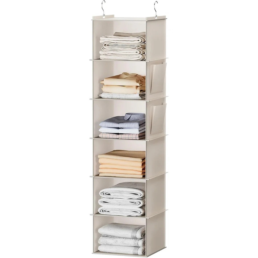 6-Shelf Hanging Closet Organizer – Beige – Hanging Storage Shelves With Side Pockets For Clot... | Wayfair North America