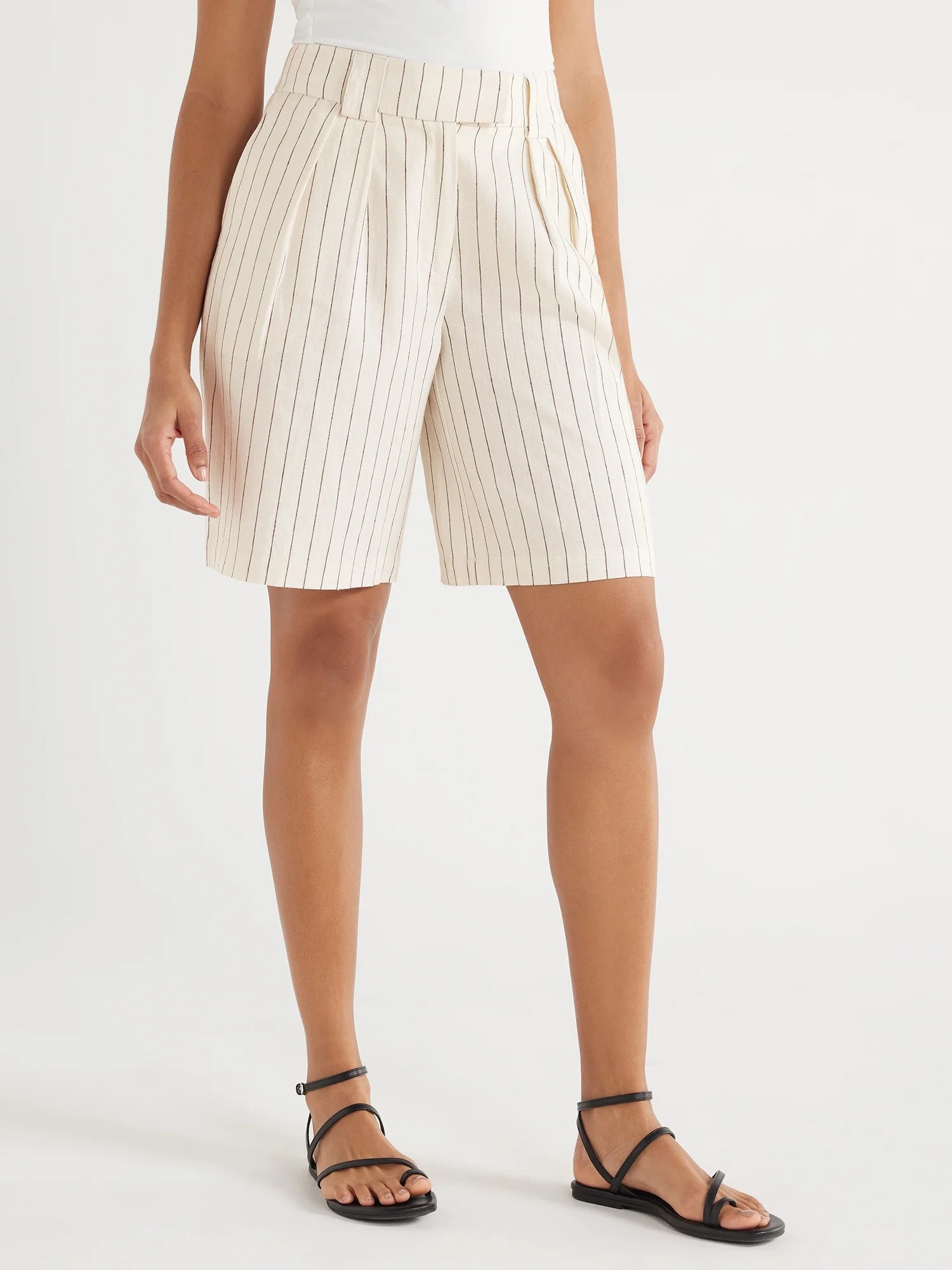 Scoop Women's Pleated Linen Blend Bermuda Shorts with Wide Leg, Inseam 9.75’’, Sizes 0-18 | Walmart (US)