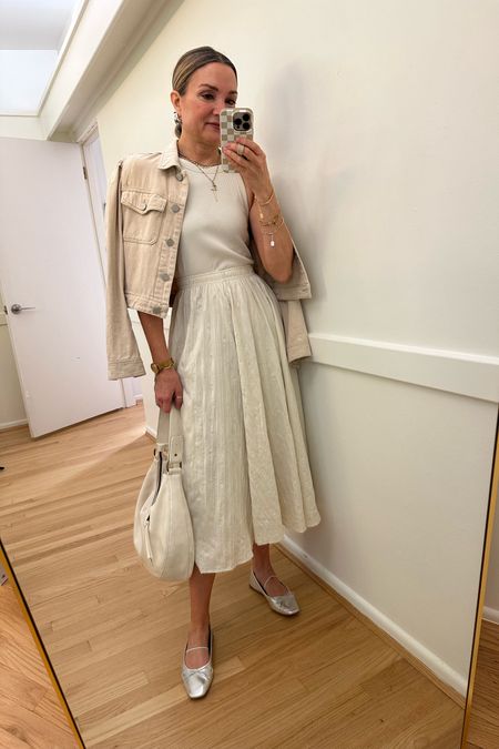 Sunday church outfit! Gap midi dress, silver ballet flats, slouchy bag, puff sleeve denim jacket. Spring outfit, tank dress, spring dress, summer dress

#LTKfindsunder100 #LTKsalealert #LTKover40