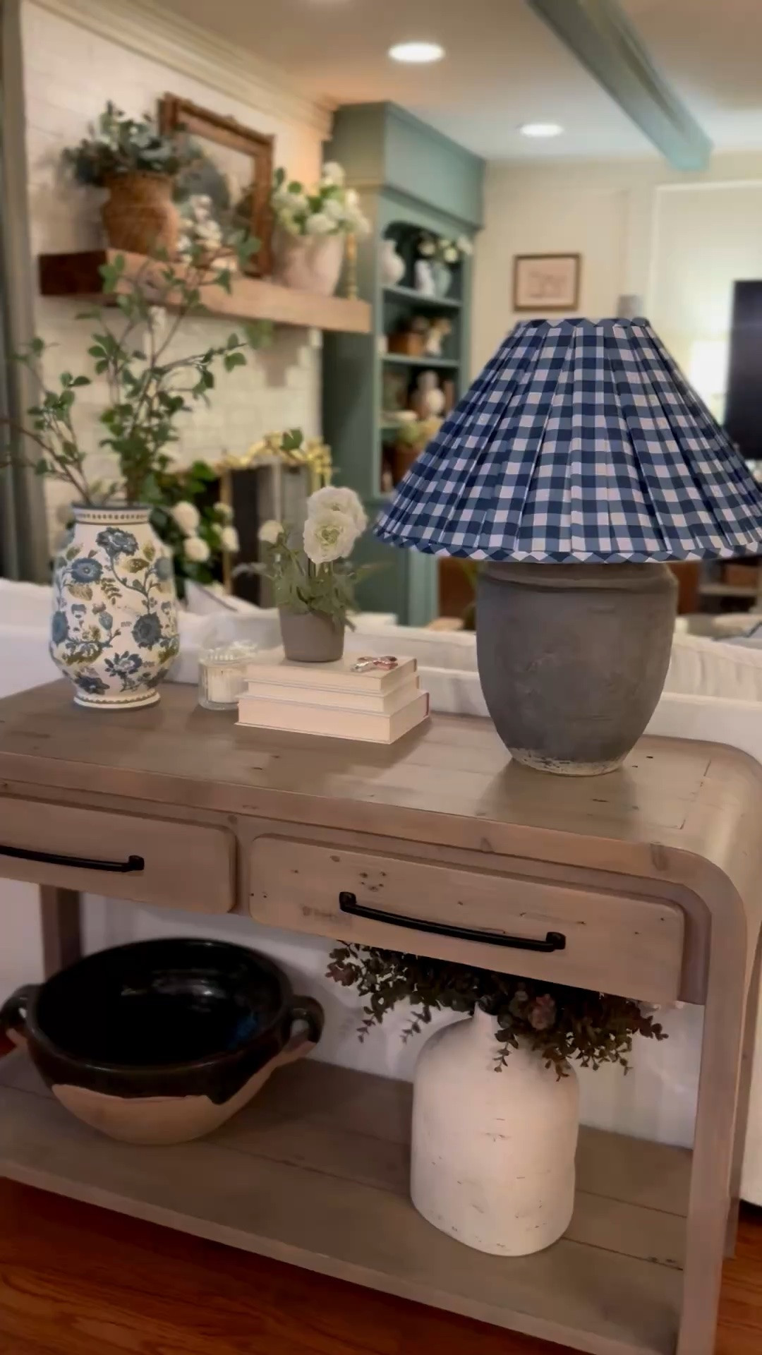 Blue gingham lampshade, pleated lamp shade, floral ceramic vase, greenery stems

#LTKSaleAlert #LTKHome #LTKSeasonal