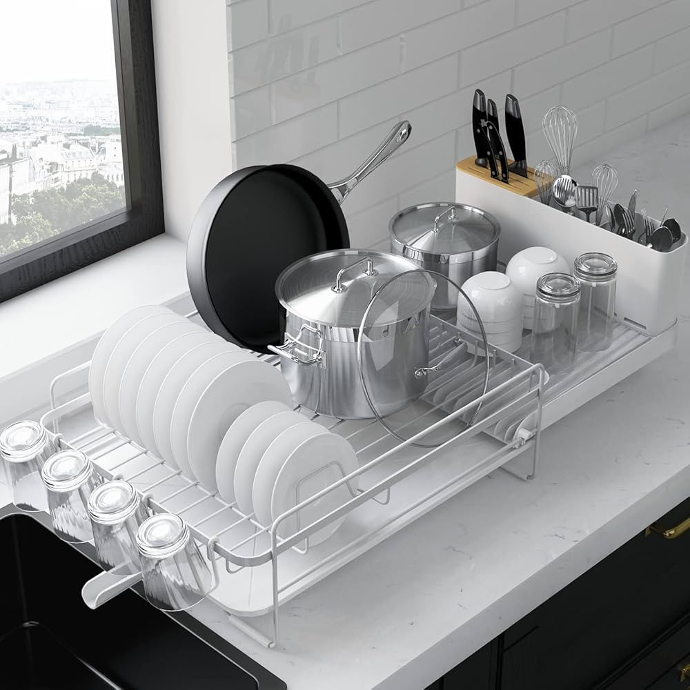 Kitsure Large Dish Drying Rack - Extendable Dish Rack, Multifunctional Dish Rack for Kitchen Counter, Anti-Rust Dish Drainers with Cutlery & Cup Holders 19.2"-26.7" L x 12.9" W, White | Amazon (US)