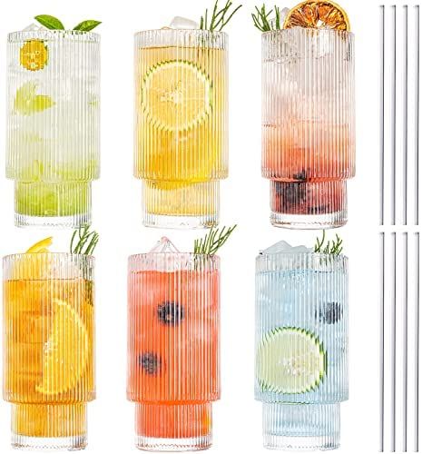 Drinking Glasses, Claplante Origami Style 6 pcs Glass Cups with straw, 11oz Highball Glasses, Ele... | Amazon (US)