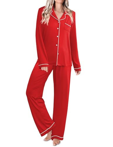 Ekouaer Womens Fall Pajamas Long Sleeve Button Down Lounge Sets Cute Sleepwear Nightwear Winter Pjs,Red,Medium | Amazon (US)