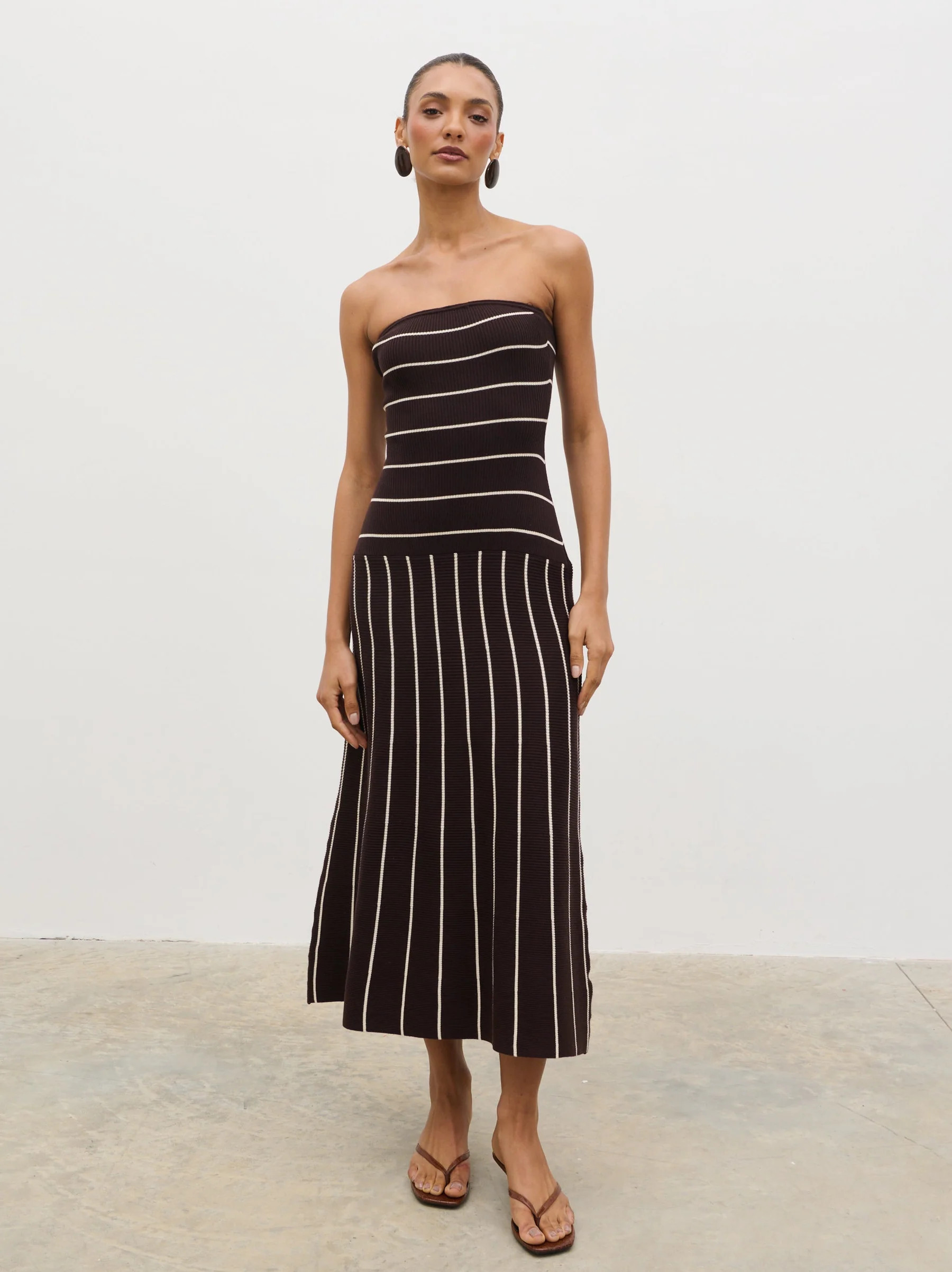 Pixie Bandeau Stripe Knit Long Midaxi Dress - Brown | Pretty Lavish (UK)