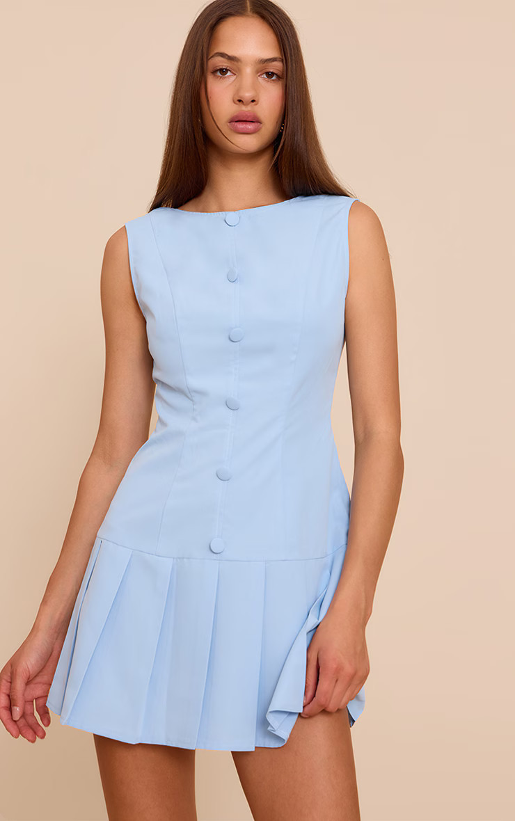 Baby Blue Button Down Pleated Hem Shift Dress | PrettyLittleThing US