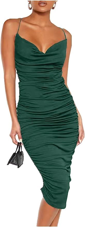 L'VOW Women's Sexy Ruched Sweetheart Bodycon Spaghetti Strap Open Back Formal Midi Club Dress | Amazon (US)