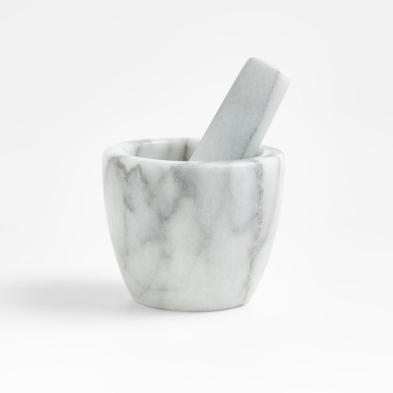 French Kitchen White Mini Marble Mortar and Pestle Bowl Grinder + Reviews | Crate & Barrel | Crate & Barrel