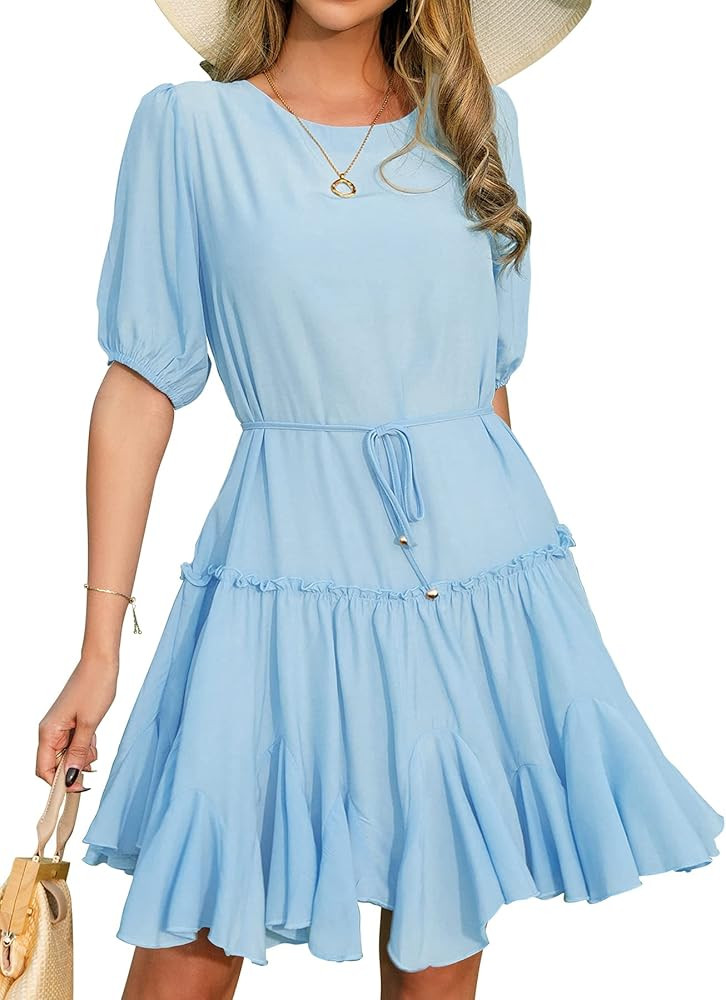 Phortric Women Summer Puff Short Sleeve Dress Waist Tie Ruffle Flare A Line Mini Dresses | Amazon (US)