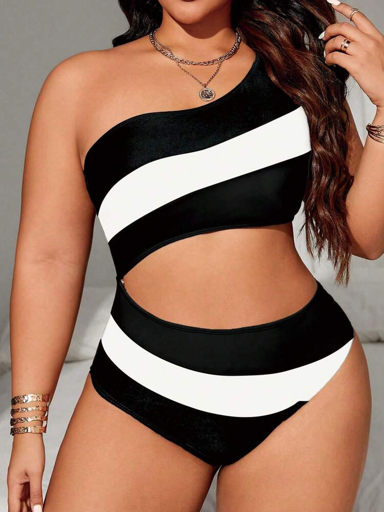 Swim Lushoire Plus Size Women's Patchwork Cut-Out Waist Sexy Casual Vacation One Piece Swimsuit Summer | SHEIN