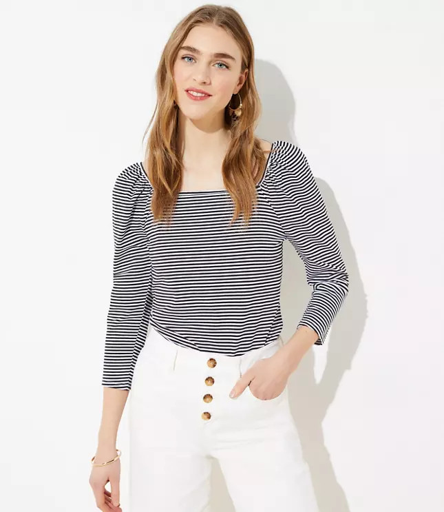 Striped Square Neck Puff Sleeve Tee | LOFT | LOFT