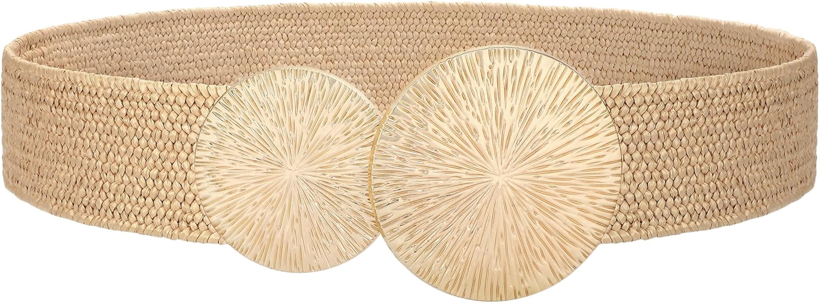 JASGOOD Straw Woven Elastic Belt for Women Vintage Wide Stretch Waistband for Dress | Amazon (US)