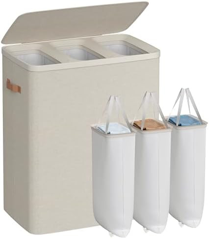 SONGMICS Laundry Basket, 50.2 Gal. Laundry Hamper, 3 Compartments, Easy Assembly, with Lid and Ha... | Amazon (US)