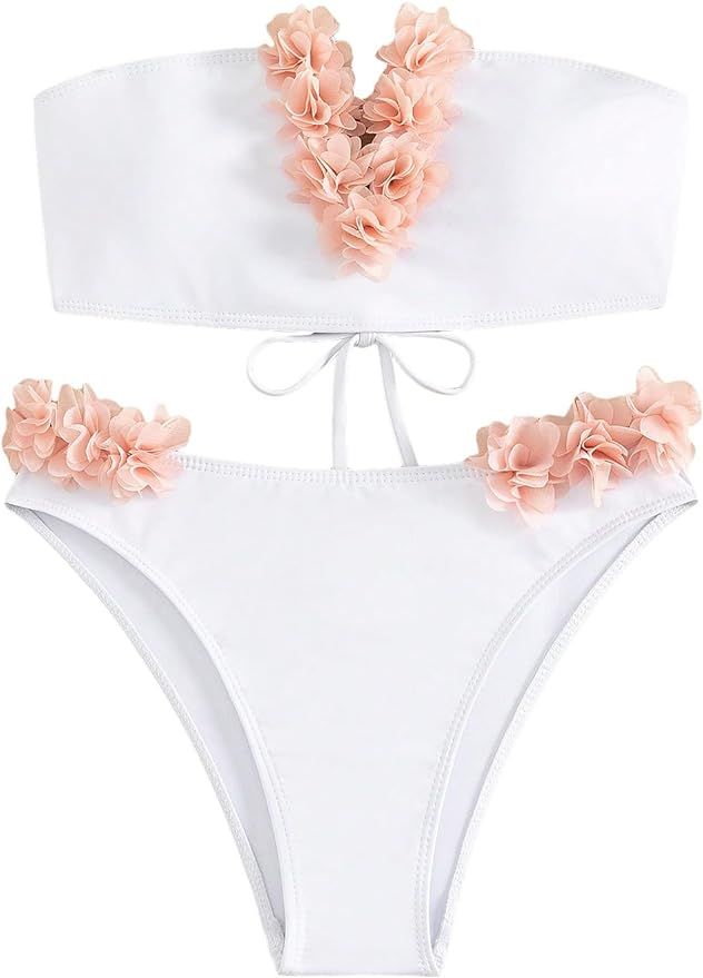 SHENHE Women's 2 Piece Bandeau Bikini Set Strapless Lace Up Appliques Flower Swimsuit | Amazon (US)