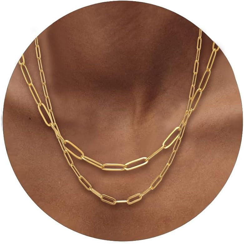 RWQIAN 18k Gold Paperclip Chain Link Necklace Dainty Paperclip Link Chain Layered Necklace Oval L... | Amazon (US)