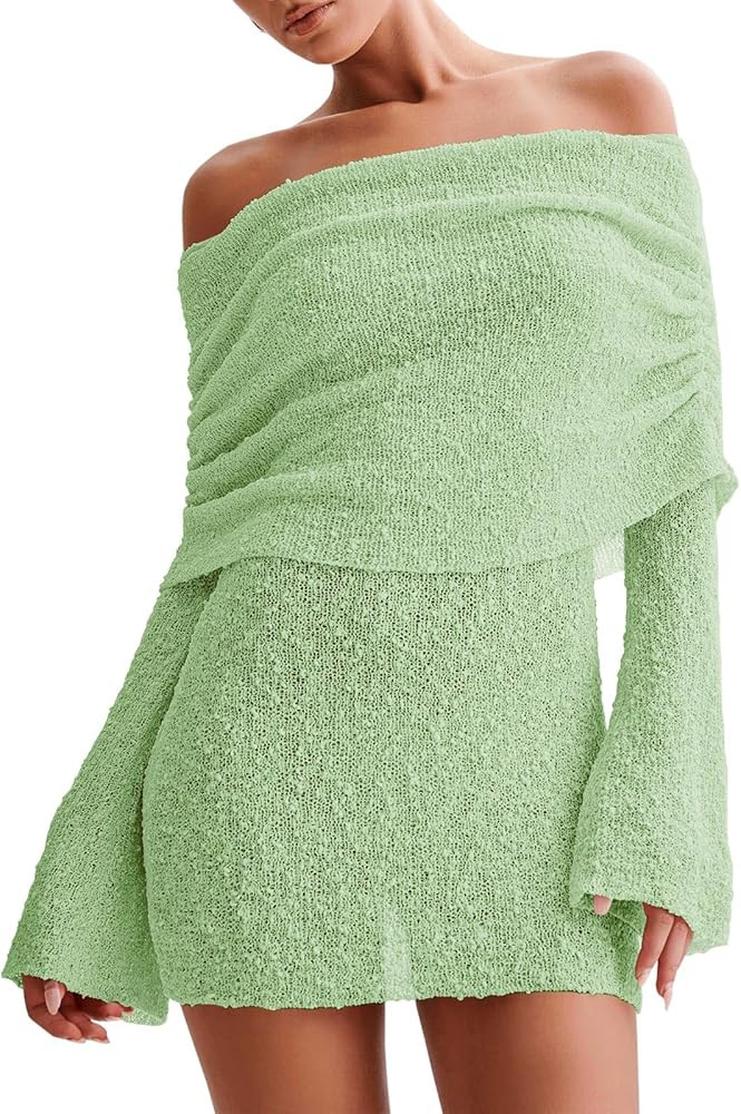 Imily Bela Womens Beach Swimsuit Cover Ups Summer Off The Shoulder Long Bell Sleeve Sheer Mini Dr... | Amazon (US)