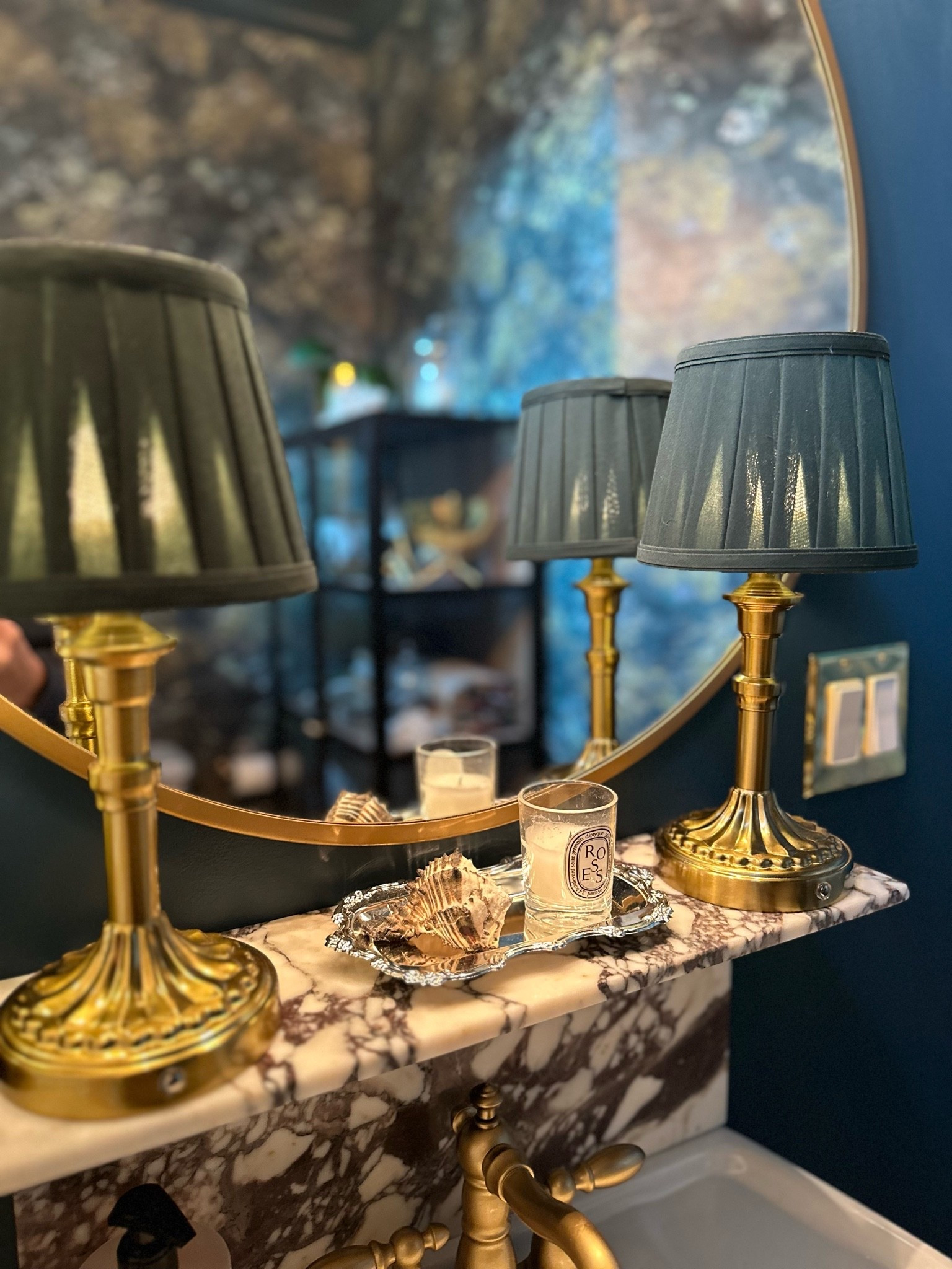 Cutest little rechargeable lamps in my powder room 💕 also linking these custom sized viola marble pieces that can be used for so many things. 
Wallpaper in “midnight forest”
Paint is Sherwin Williams Seaworthy

#LTKHome