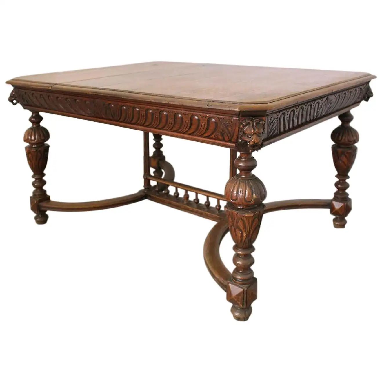 French Extending Dining Table Carved Oak 19th Century Renaissance Rev Lion Heads | 1stDibs