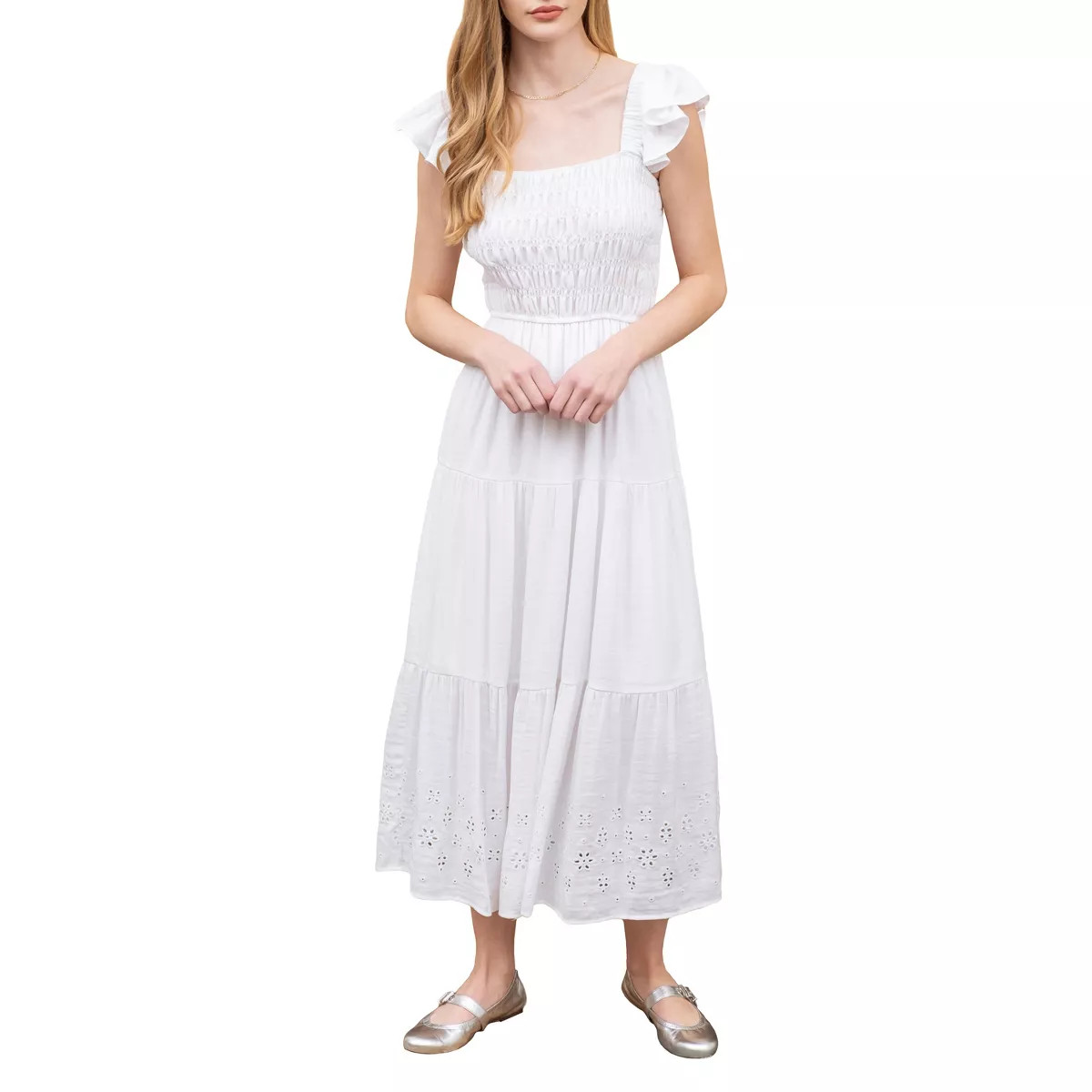August Sky Women's Eyelet Ruched Tiered Midi Dress | Target