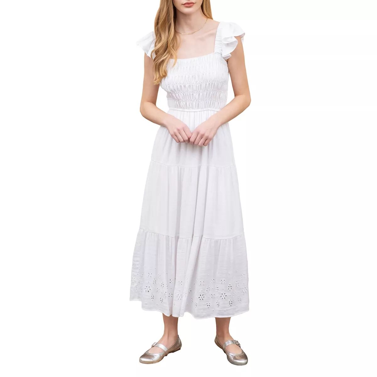 August Sky Women's Eyelet Ruched Tiered Midi Dress | Target