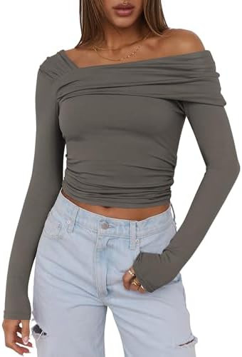 ANRABESS Womens One Off Shoulder Shirts Long Sleeve Slim Fitted Going Out Crop Tops 2025 Fall Out... | Amazon (US)