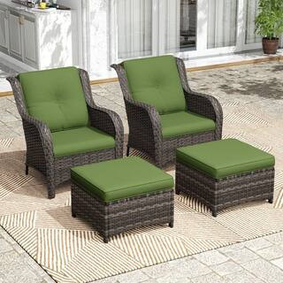 4-Piece Wicker Outdoor Patio Conversation Lounge Chair Set with Green Cushions and Ottomans | The Home Depot