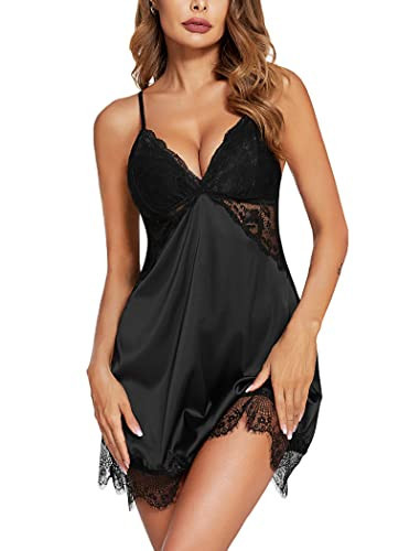 Avidlove Women'S Nightgowns Sexy Lace Night Gown Satin V-Neck Chemise Plus Size Sikly Nightgowns（Black,XXL | Amazon (US)
