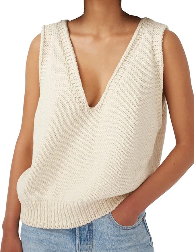 Locachy Women's V Neck Sleeveless Knit Pullover Sweater Vest Casual Cami Tank Top | Amazon (US)