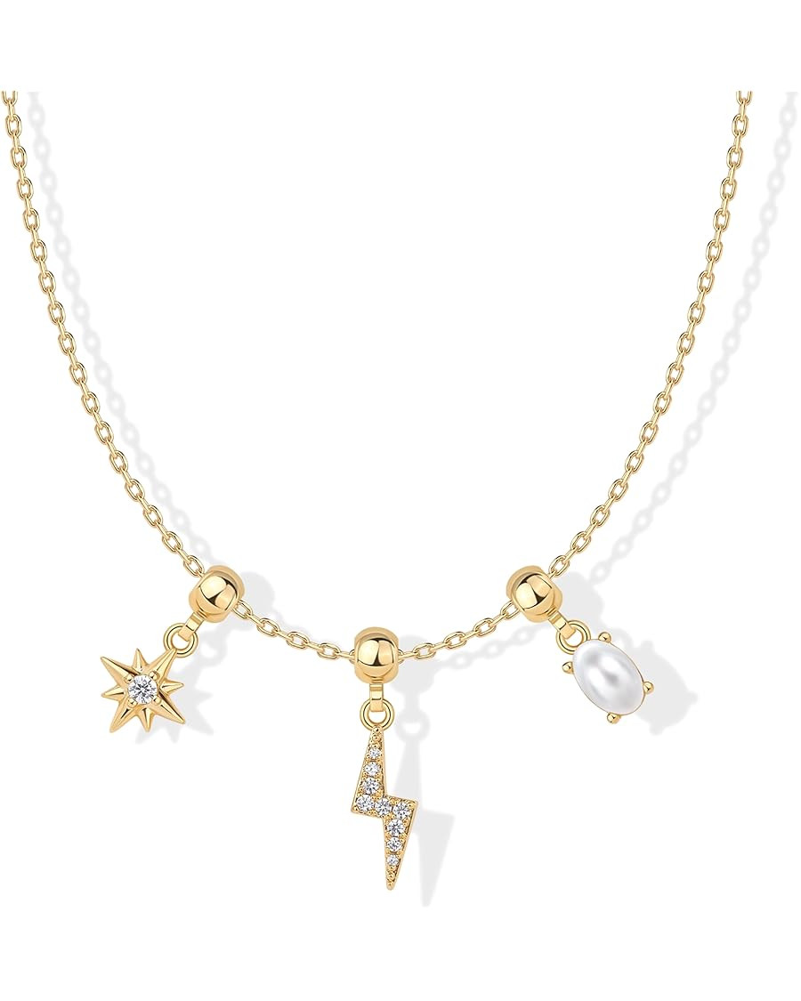 PAVOI 14K Gold Plated Whimsical Charm Necklace for Women | Adjustable Sliding Chain Dainty Cubic ... | Amazon (US)
