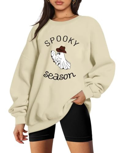 YHHR Halloween Sweatshirts for Women Oversized Funny Ghost Graphic Sweatshirts Spooky Season 2024 Fall Pullover Tops Beige | Amazon (US)