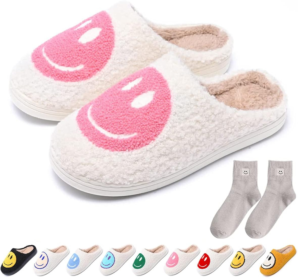 AIMINUO Women's Men's Retro Preppy Happy Face Slippers Comfy Warm Plush Slip-On House Slipper for... | Amazon (US)