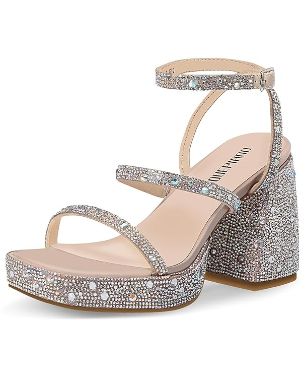Ouepiano Women's Heeled Sandals Platform Rhinestone Square Toe Chunky High Heels Wedding Party Sh... | Amazon (US)