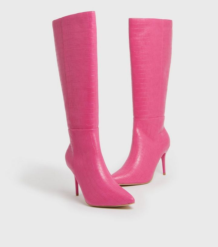 Bright Pink Faux Croc Stiletto Knee High Boots
						
						Add to Saved Items
						Remove from ... | New Look (UK)