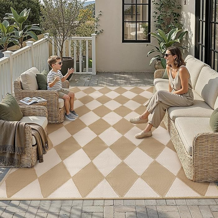 Outdoor Plastic Checkered Rug Waterproof Patio 9x12 Beige Brown Diamond Geometry Mat for Porch Ca... | Amazon (US)